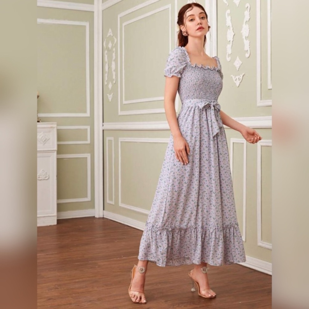 Ditsy Floral Shirred Trim Ruffle Hem Chiffon Dress